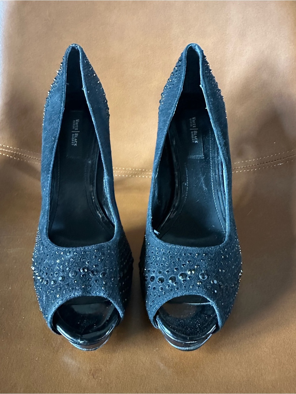 White House Black Market Black Rhinestone Peep Toe 9M Chrystol Party Stiletto - Picture 2 of 12